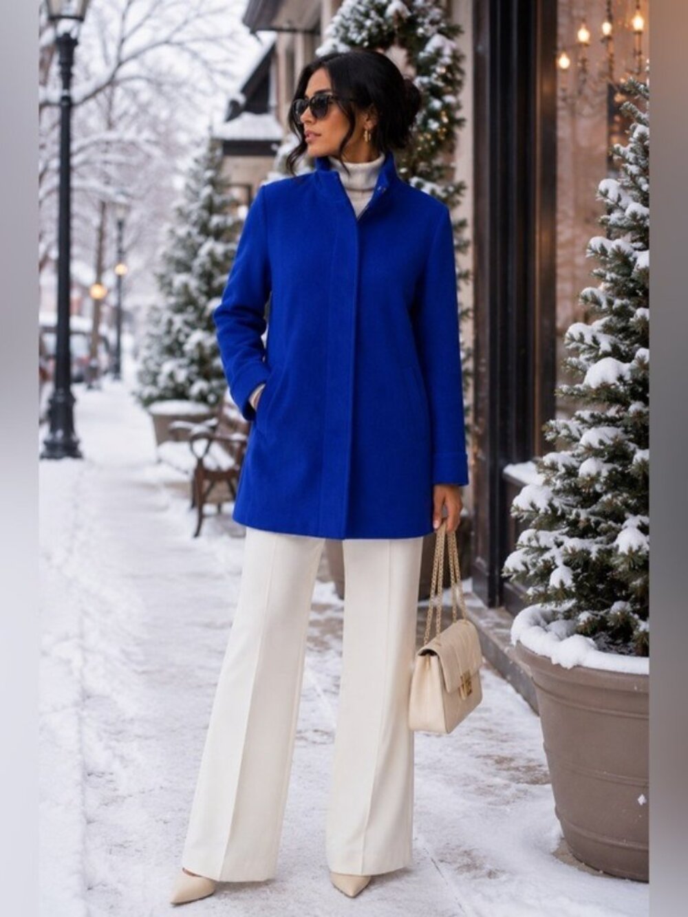 Ellen Tracy Cobalt Blue Wool Blend Funnel Neck Coat Gold Hardware Size 12